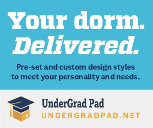 The image is an advertisement for UnderGrad Pad, promoting dorm room delivery with customizable design styles.
